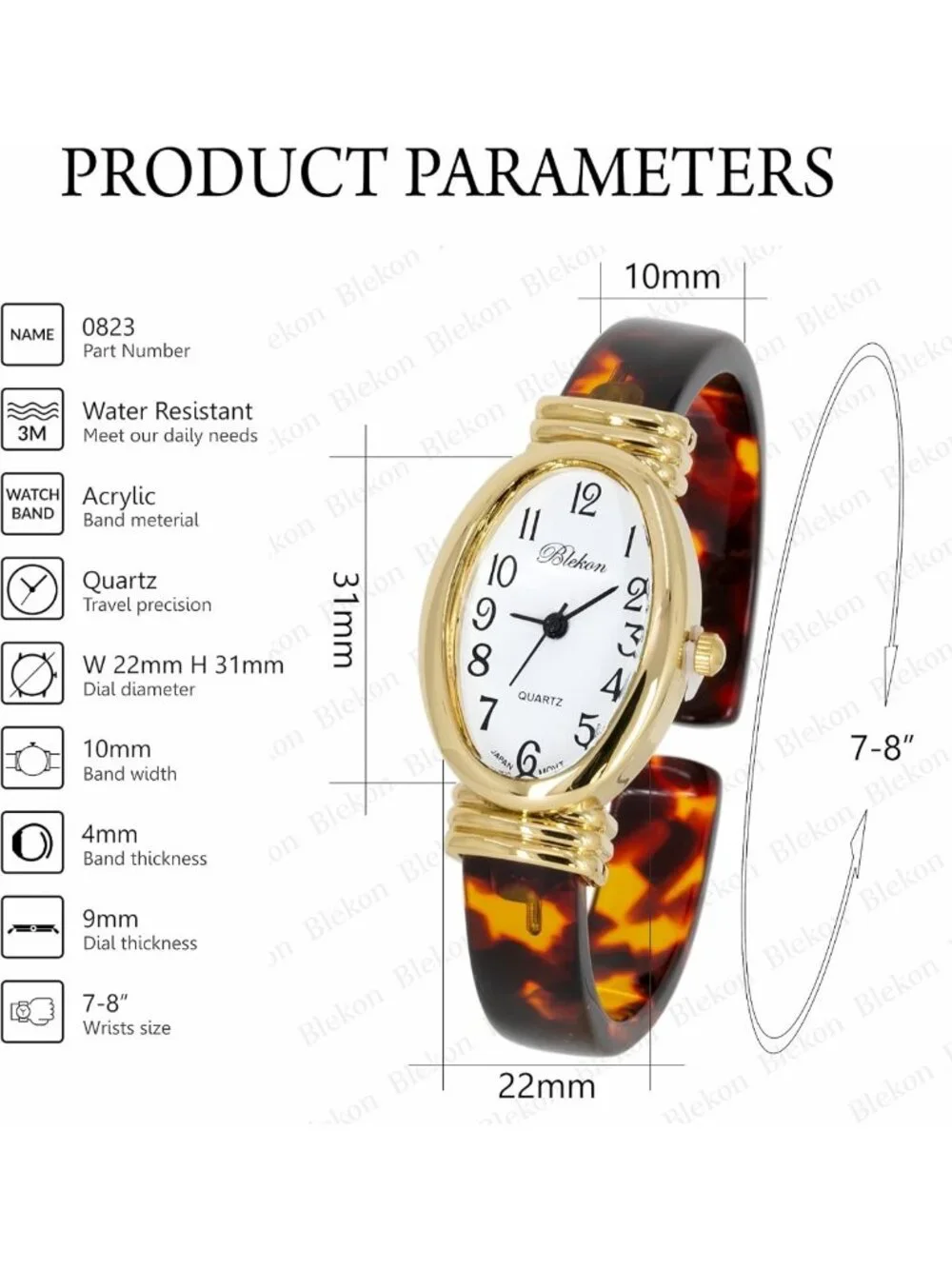 Stylish Tortoise Shell Cuff Bangle Watch in Round, Oval & Rectangle Shapes